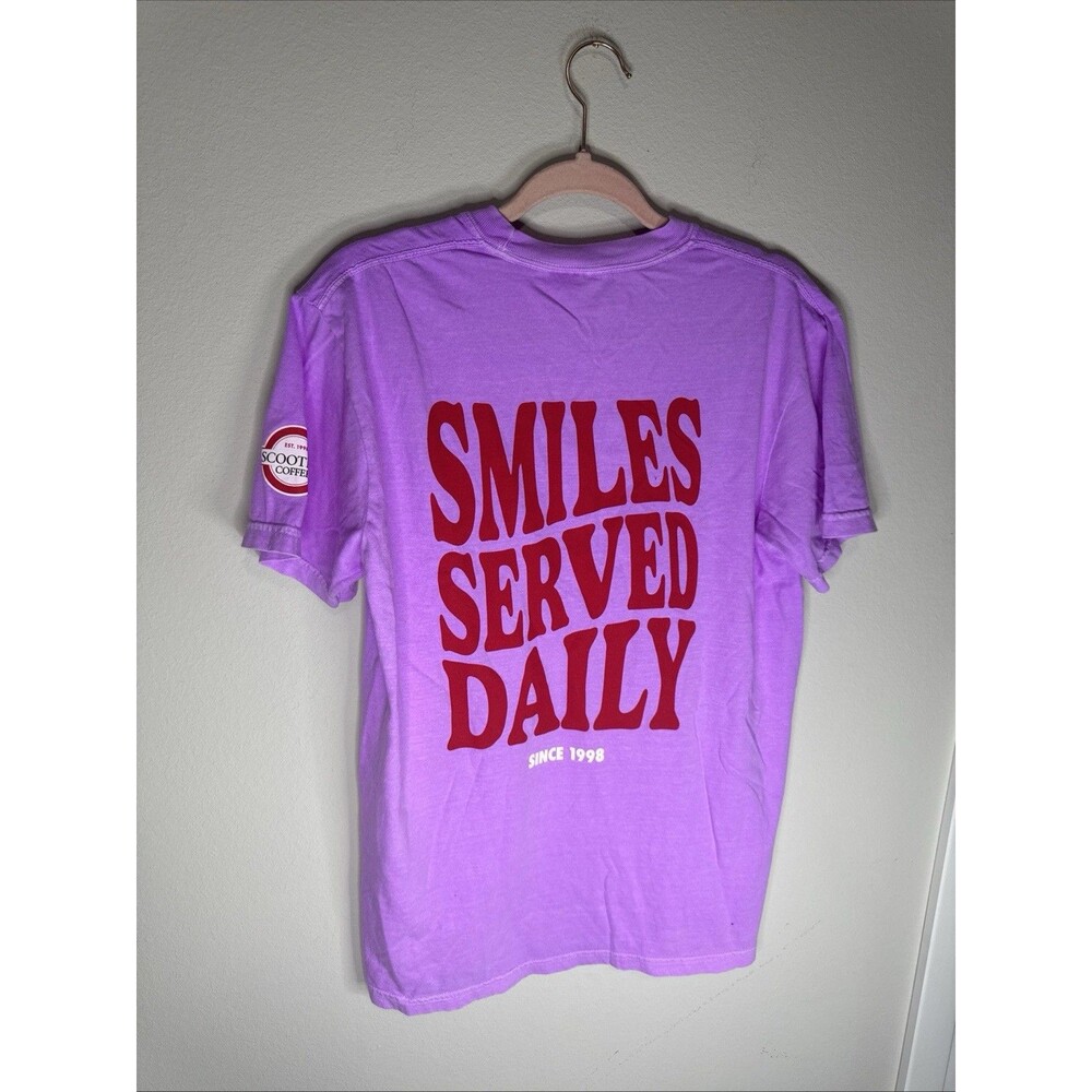 Comfort Colors Purple Cotton Scooter’s Coffee Smiles Served Daily Graphic Tee M